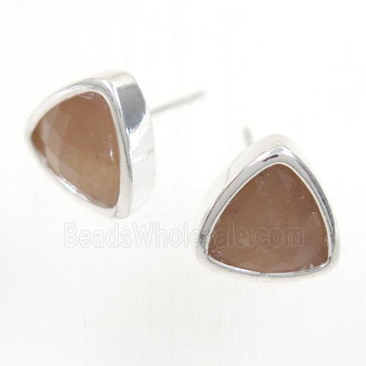 peach MoonStone earring studs, triangle, platinum plated