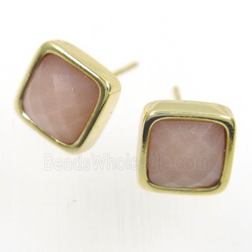 peach MoonStone earring studs, square, gold plated