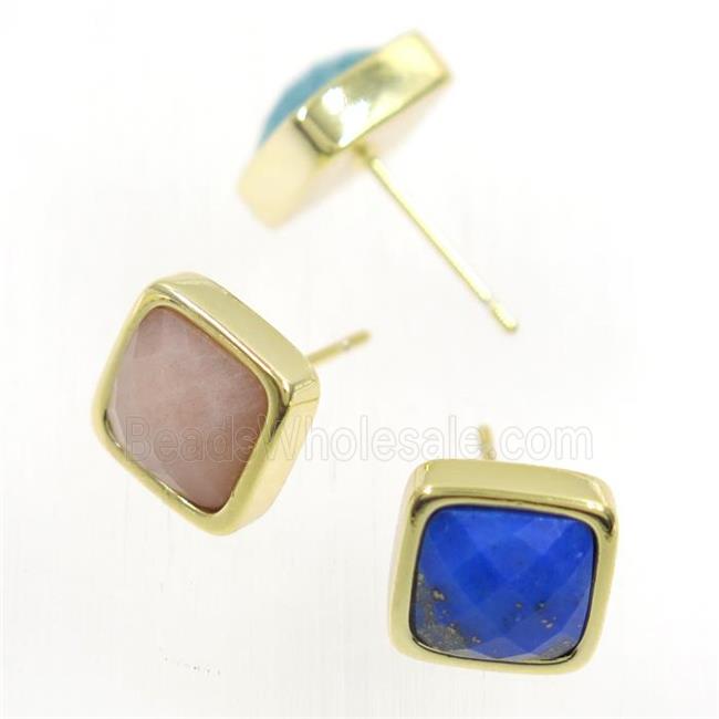 mixed gemstone earring studs, square, gold plated