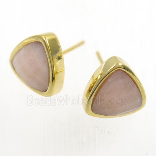 peach MoonStone earring studs, triangle, gold plated