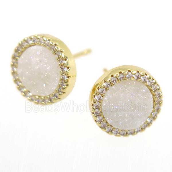 white AB-color Druzy Quartz earring studs paved zircon, circle, gold plated