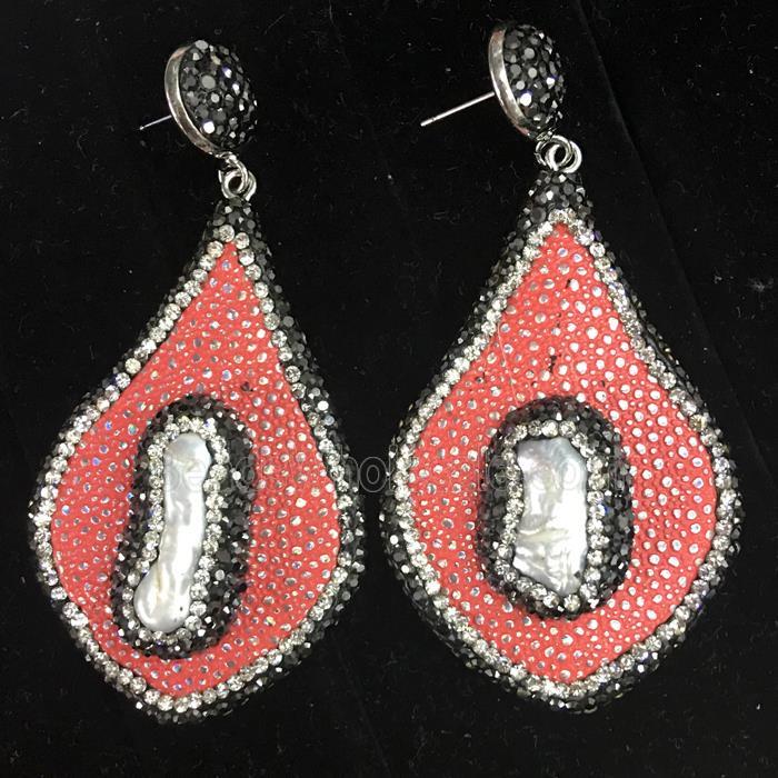 freshwater Pearl earring with red PU leater pave rhinestone