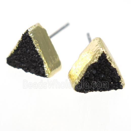 black druzy quartz earring studs, triangle, gold plated