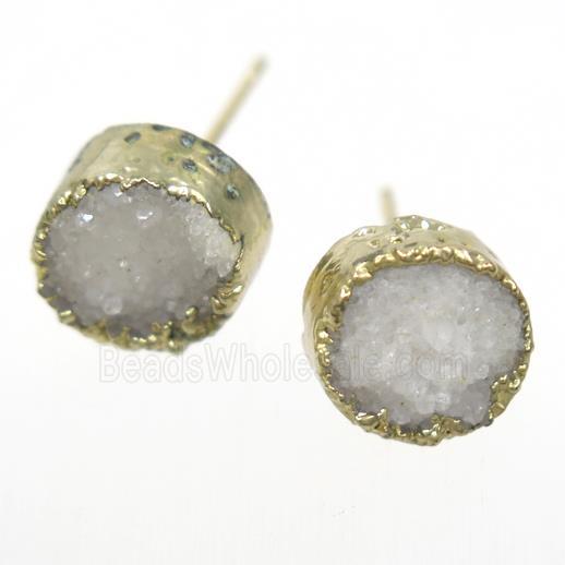 white Druzy quartz earring studs, circle, gold plated