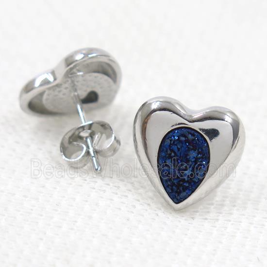 blue druzy quartz earring studs, heart, platinum plated