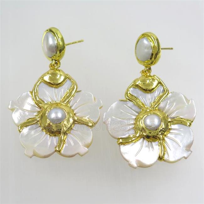 pearlized shell flower earring, 24k gold plated