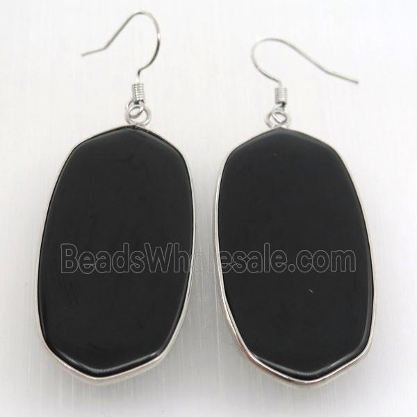 black cat eye glass oval Hook Earring, platinum plated