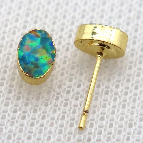 synthetic Fire Opal oval Stud Earrings, gold plated