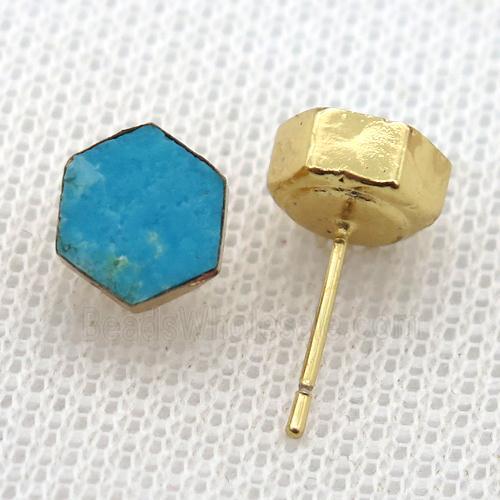 Blue Magnesite Turquoise Stud Earring Hexagon Gold Plated