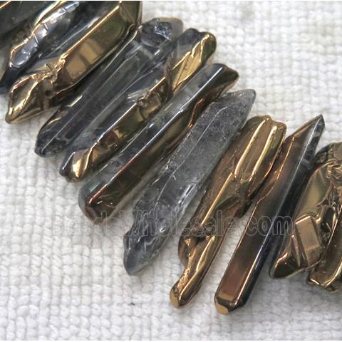 polished clear quartz beads, stick, half gold electroplated