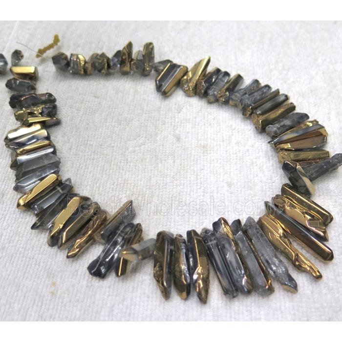 polished clear quartz beads, stick, half gold electroplated