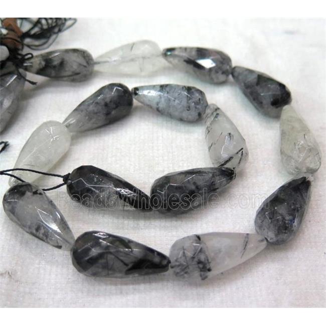 Black Rutilated Quartz Beads, faceted teardrop