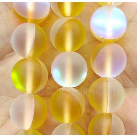 yellow round Aura Quartz Crystal Glass Beads, glow, synthetic, matte