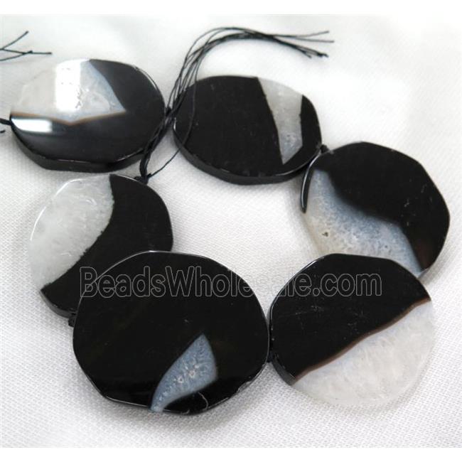 black agate with druzy bead, flat freeform slice