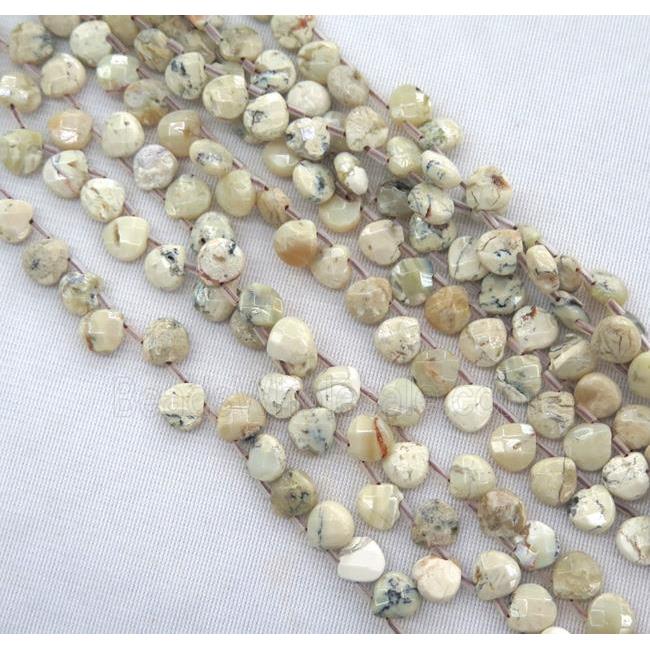 white Peruvian Moss Opal jasper bead, faceted teardrop, top-drilled