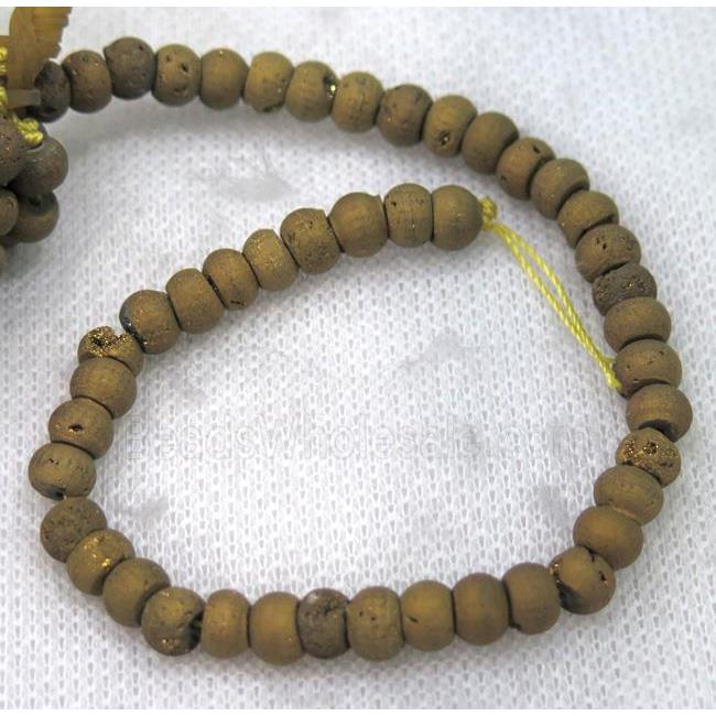 8" string of druzy agate rondelle beads, matte, golden electroplated