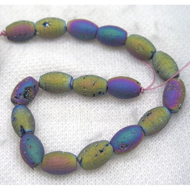 8" string of druzy agate rice beads, matte, rainbow electroplated