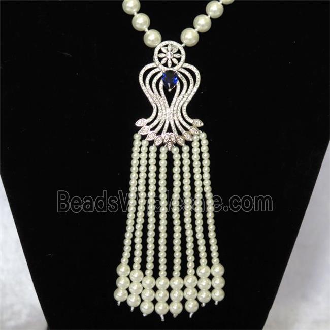 white Pearlized Glass Necklace with copper pendant pave zircon, round