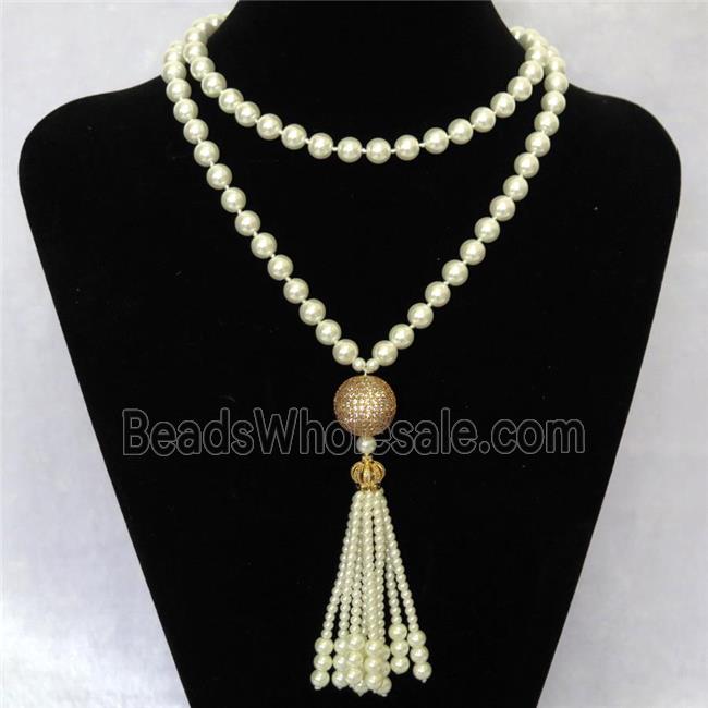white Pearlized Glass Necklace with copper bead pave zircon, round