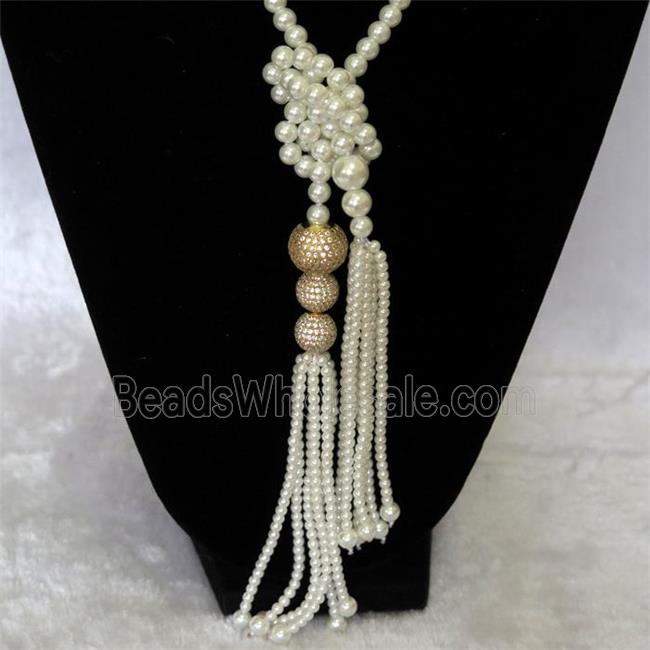 white Pearlized Glass Necklace with copper bead pave zircon, round