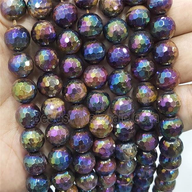 multi color Tiger eye stone bead, faceted round, AB color electroplated