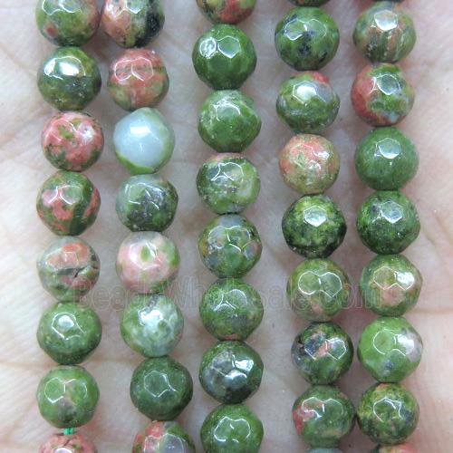 tiny Unakite beads, green, faceted round