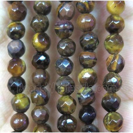 Tiny tiger eye stone beads, faceted round, yellow