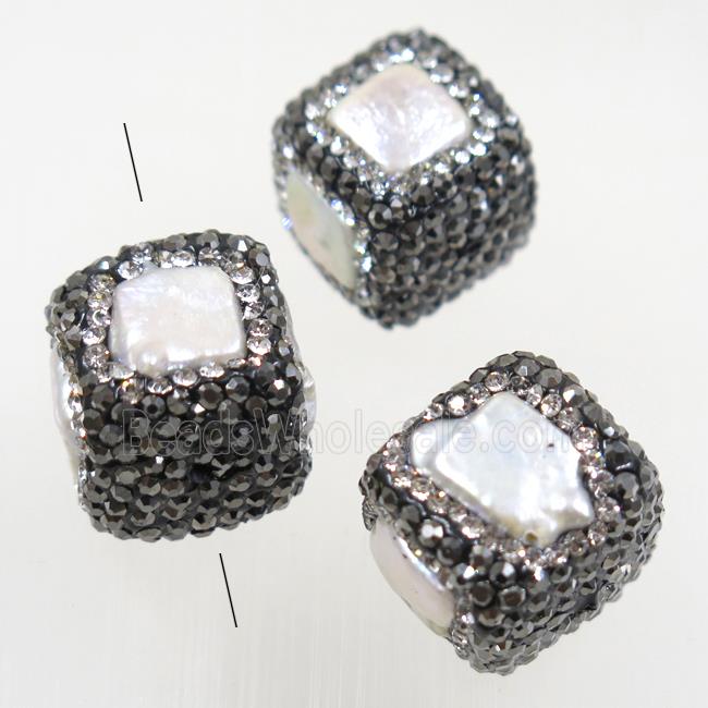 freshwater pearl beads paved rhinestone, cube