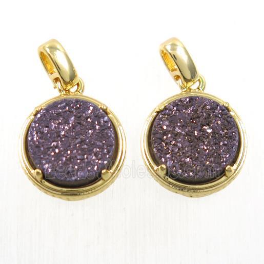 coffee Druzy Agate pendant, flat-round, gold plated