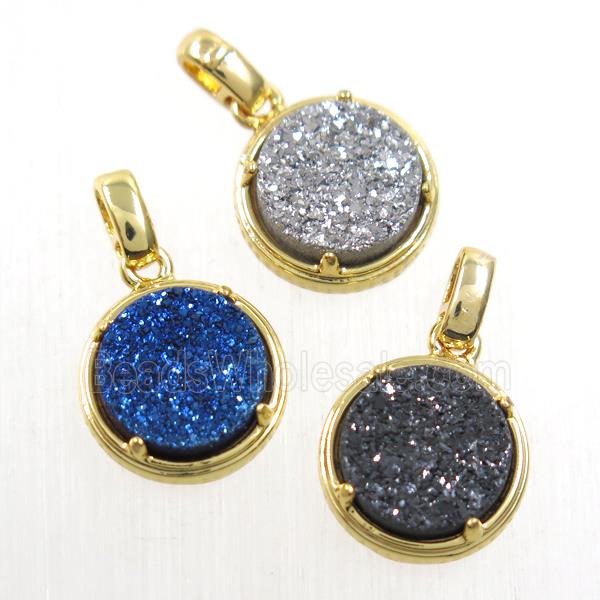 mix Druzy Agate pendant, flat-round, gold plated