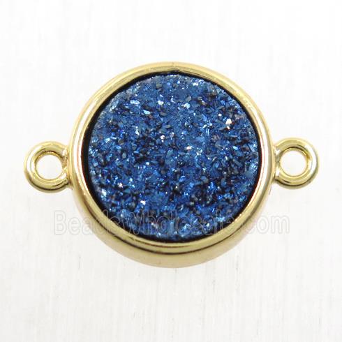 blue Druzy Agate connector, flat-round, gold plated