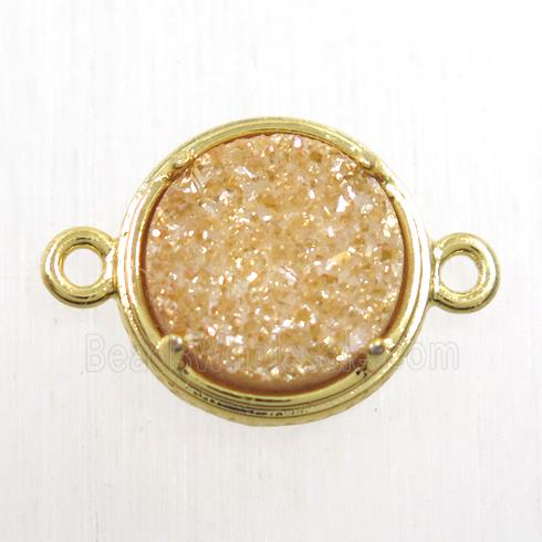 golden champagne Druzy Agate connector, flat-round, gold plated
