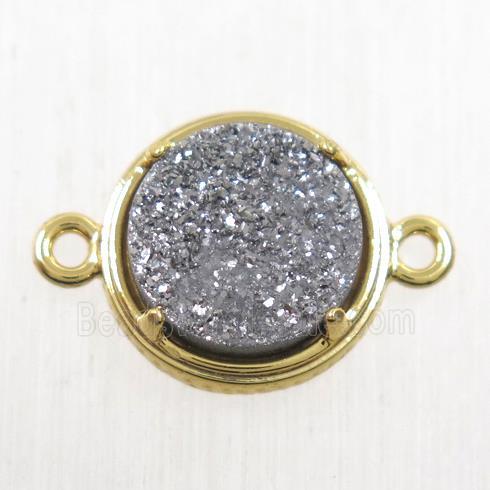 silver Druzy Agate connector, flat-round, gold plated