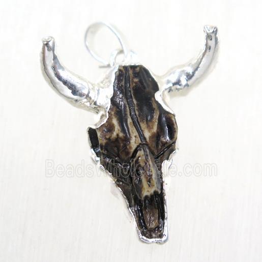 black resin bullHead pendant, silver plated