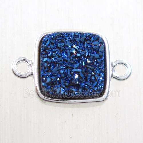 blue druzy quartz connector, square, platinum plated