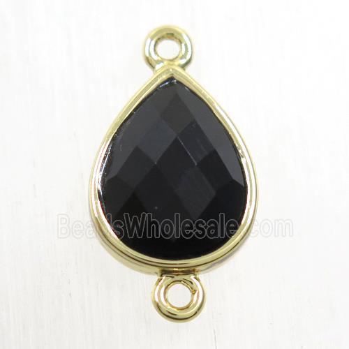 black Onyx Agate connector, faceted teardrop, gold plated
