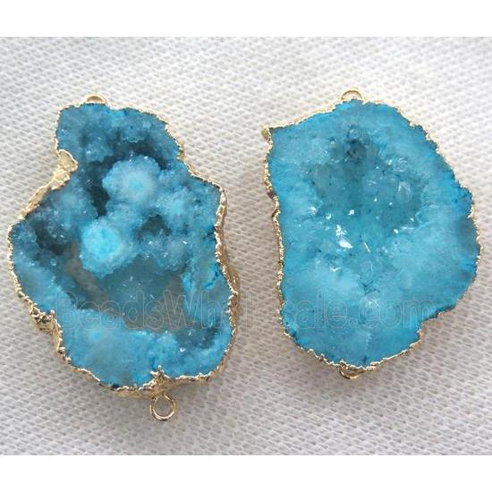 blue druzy agate slice connector, freeform, gold plated