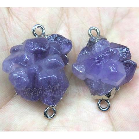cluster Amethyst point connector, freeform, platinum plated