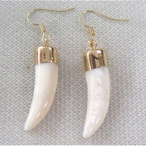 white pearl shell horn earring, gold plated