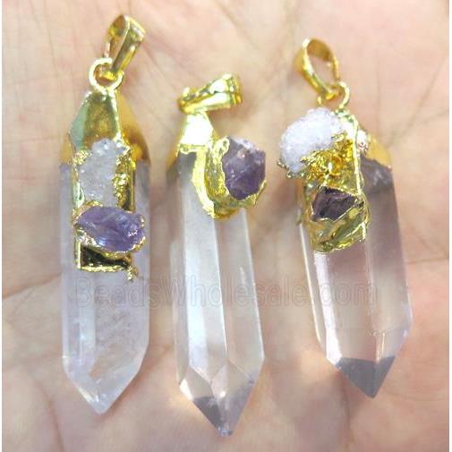 Clear Quartz bullet pendant paved gems, gold plated