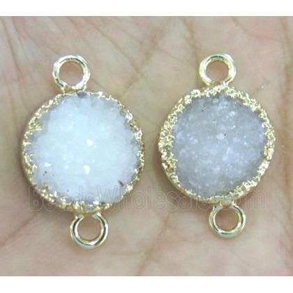 white druzy quartz connector, flat-round, gold plated