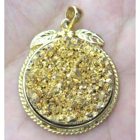 Agate druzy pendant, flat-round, gold plated
