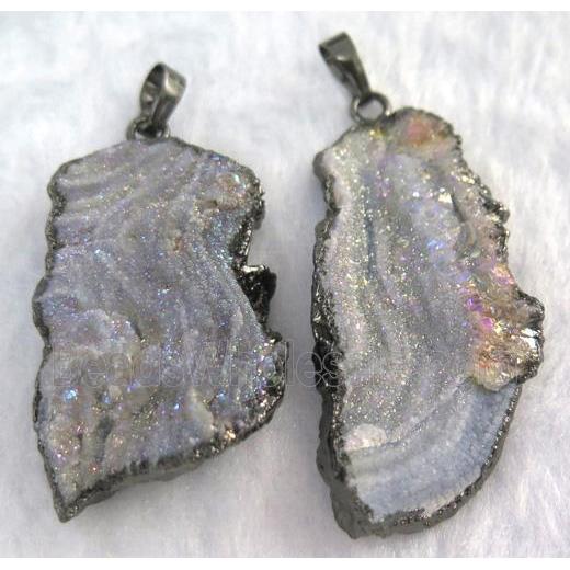 agate druzy slice pendant, freeform, AB color, black plated