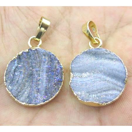 Druzy Agate pendant, flat-round, gold plated