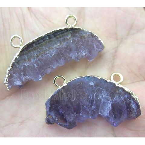amethyst druzy pendant with 2holes, lune-shape, gold plated