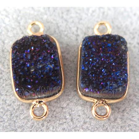 druzy quartz connector, rectangle, blue electroplated