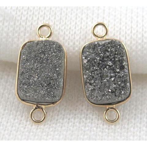 druzy quartz connector, rectangle, silver electroplated