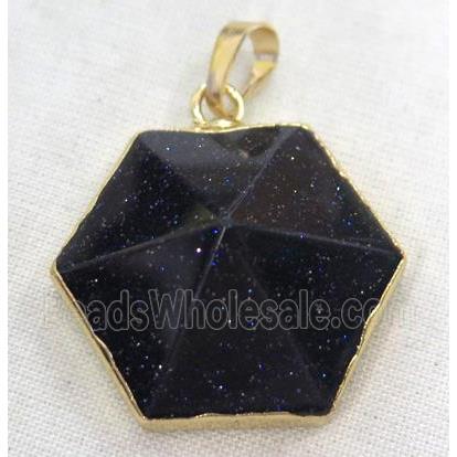 blue sandstone hexagon pendant, point, gold plated