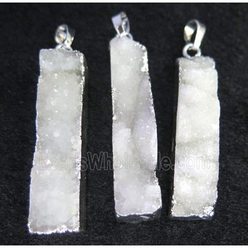 white druzy quartz pendant, rectangle, silver plated