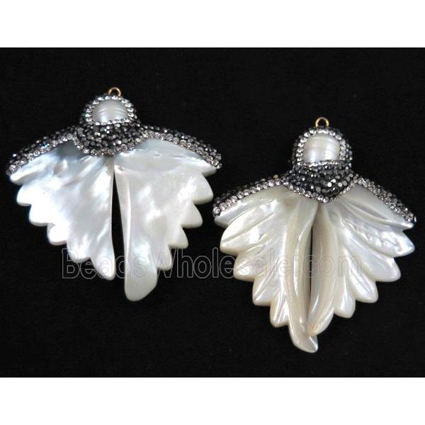 pearl shell pendant paved rhinestone, bat shape